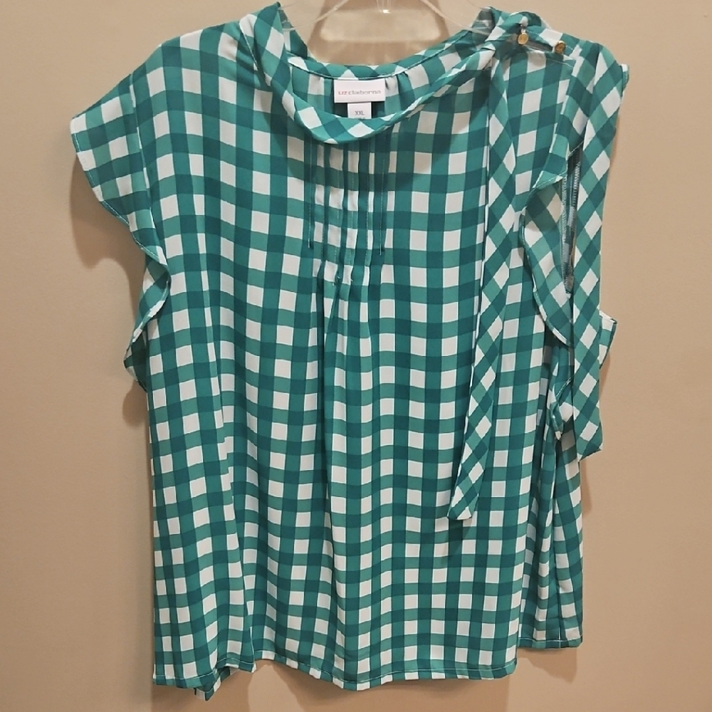 Liz Claiborne Green and White Tie Front Blouse with Sailor Collar